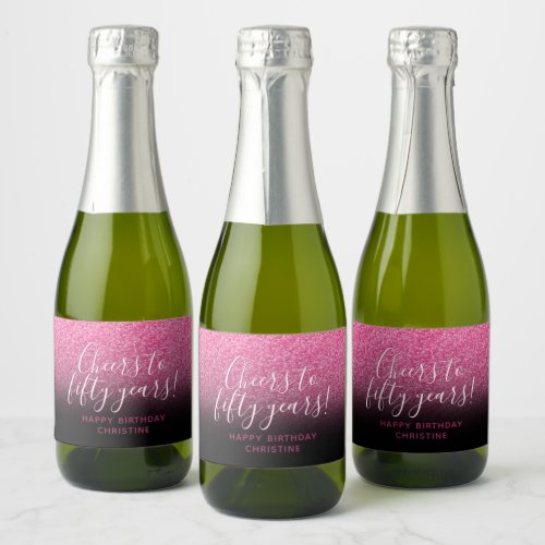 Cheers to Fifty Years Hot Pink  Black Sparkle Sparkling Wine Label