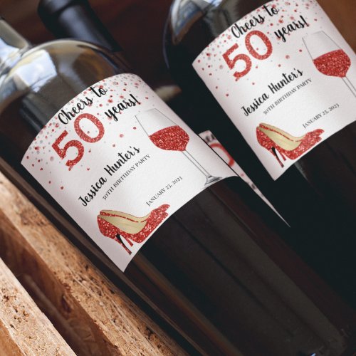 Cheers to Fifty years Red Glitter Wine Custom Wine Label