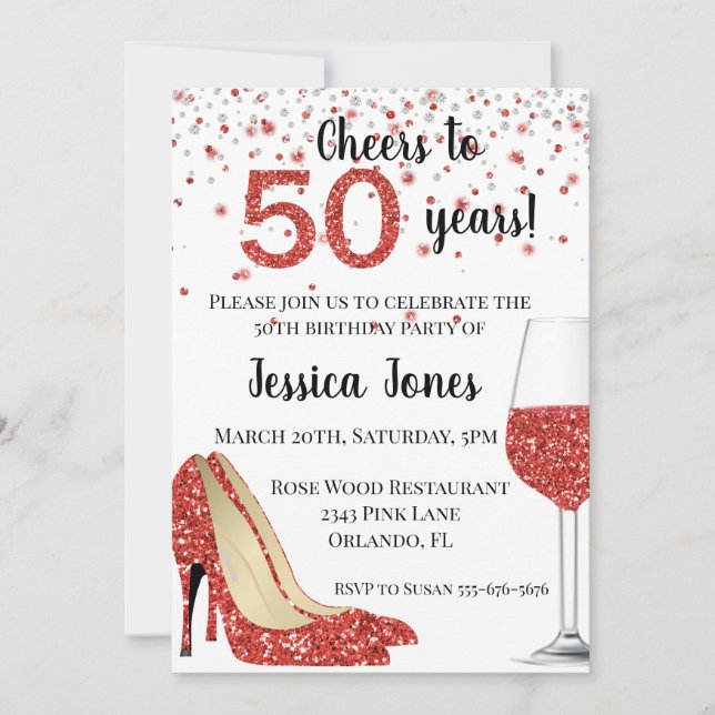 Cheers to Fifty years Red Glitter Wine Heels Invitation (Front)