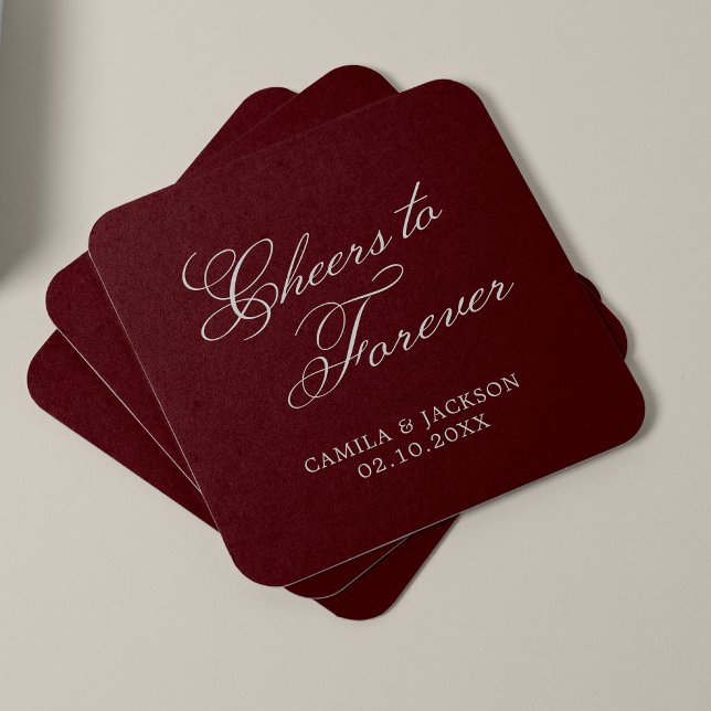 Cheers to Forever Burgundy Wedding Square Paper Coaster (Creator Uploaded)