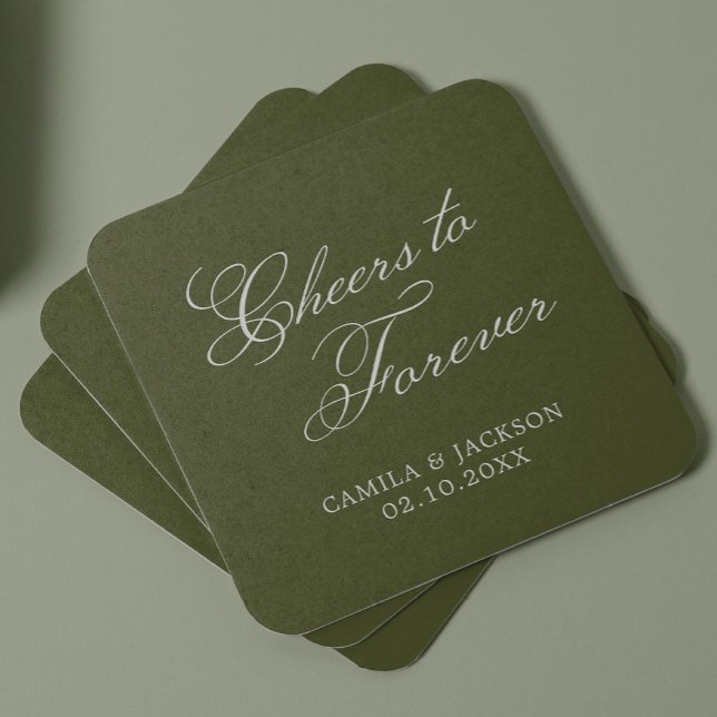 Cheers to Forever Green Wedding Square Paper Coaster (Creator Uploaded)