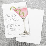 Cheers To  Forty 40th Birthday Party Invitation<br><div class="desc">Raise a glass to turning 40—or any age you want to celebrate—with this chic martini-themed party invitation. Across the top, the phrase “Cheers To Forty Years” sets the tone, and you can easily switch it to fit any milestone. On the right, a watercolor pink cosmopolitan martini with a green lime...</div>