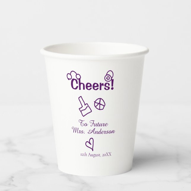 Cheers to future Mrs add bride name purple doodle Paper Cups (Front)