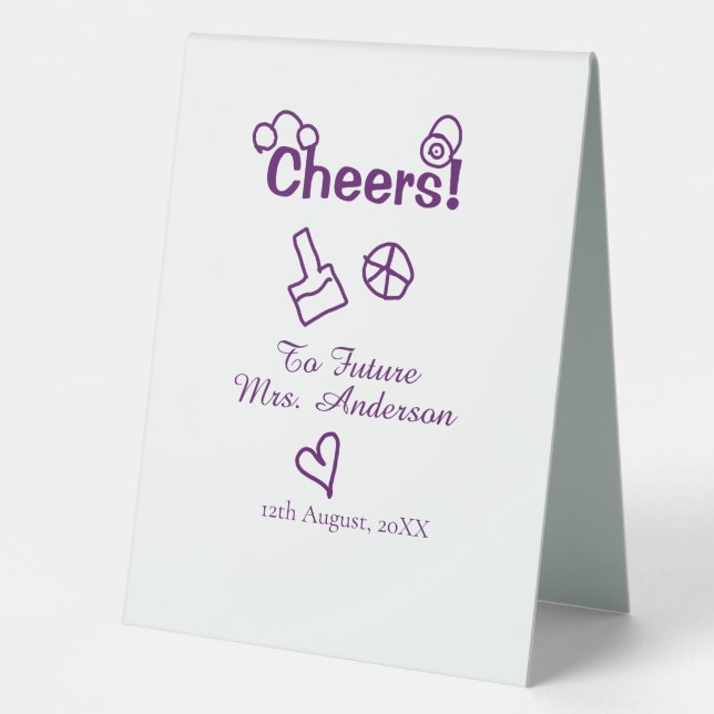 Cheers to future Mrs add bride name purple doodle Table Tent (Front)