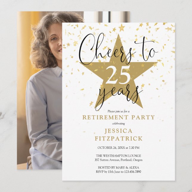 Cheers To Gold Stars Photo Retirement Party Invitation (Front/Back)