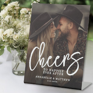 Cheers To Happily Ever After Photo Wedding Bar Pedestal Sign