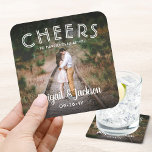 Cheers to Happily Ever After Photo Wedding Favor Square Paper Coaster<br><div class="desc">Add a personalized finishing touch to your wedding celebration with unique custom photo square drink coasters. The picture and and all wording on this template are simple to customize, including text that reads "Cheers to Happily Ever After." (IMAGE PLACEMENT TIP: An easy way to center a photo exactly how you...</div>