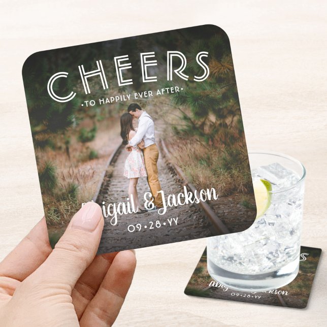 Cheers to Happily Ever After Photo Wedding Favor Square Paper Coaster (Creator Uploaded)
