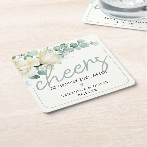 Cheers to Happily Ever After Wedding Favor  Square Paper Coaster