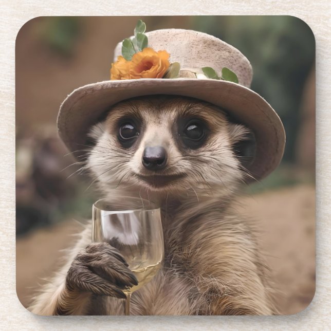 "Cheers to Life: Gran Meerkat Enjoys Glass Of Wine Beverage Coaster (Front)