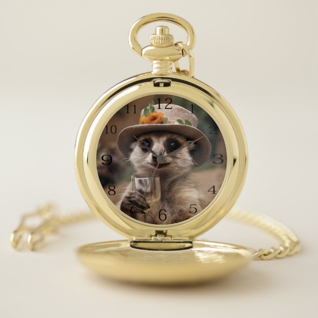 "Cheers to Life: Gran Meerkat Enjoys Glass Of Wine Pocket Watch (Inside)