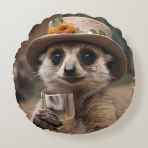 "Cheers to Life: Gran Meerkat Enjoys Glass Of Wine Round Pillow
