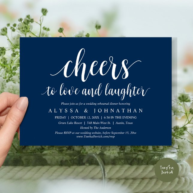 Cheers to love and laughter, Wedding Rehearsal Invitation (Cheers to love and laughter, Modern Wedding Rehearsal Dinner Invitation Card, PDF, Navy Blue)