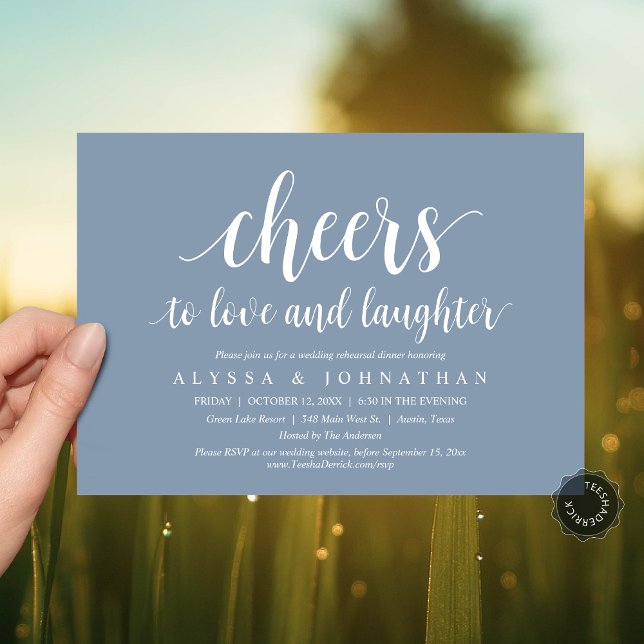 Cheers to love and laughter, Wedding Rehearsal Invitation (Cheers to love and laughter, Modern Wedding Rehearsal Dinner Invitation Card, PDF, Dusty Blue)