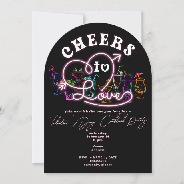 Cheers To Love Black Retro Cocktail Valentines Day Invitation (Front)