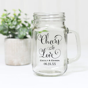 Cheers to Love Black Script Wedding Monogram Mason Jar