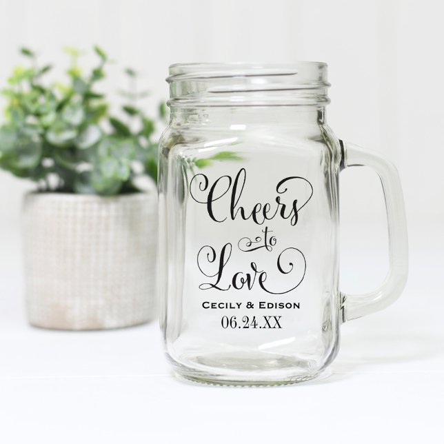 Cheers to Love Black Script Wedding Monogram Mason Jar (Creator Uploaded)