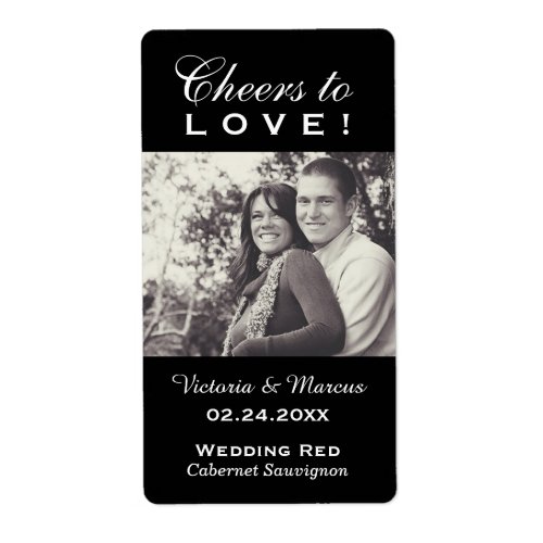 Cheers to Love Black Wedding Photo Wine Bottle Label