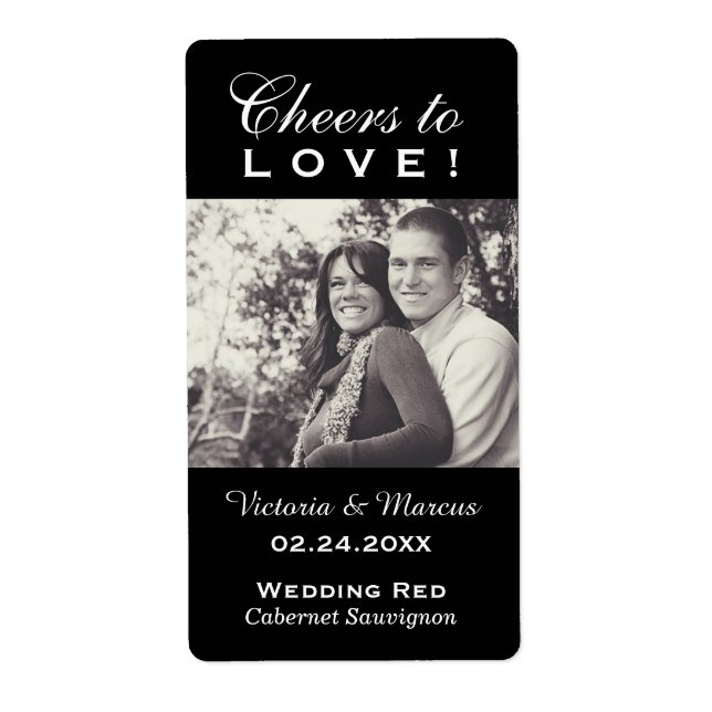 Cheers to Love Black Wedding Photo Wine Bottle Label (Front)