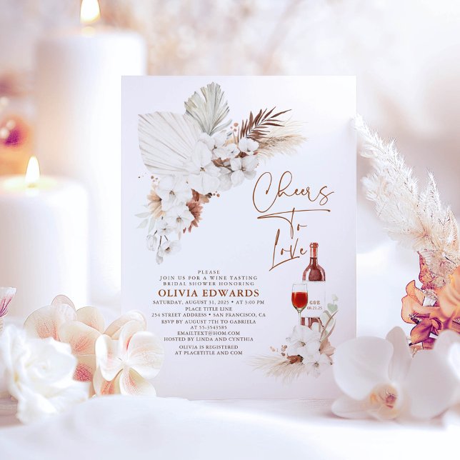 Cheers To Love Boho Pampas Grass Bridal Shower Invitation (White Orchids Boho Bridal Shower Invitations Cheers to Love)
