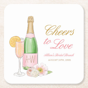 Cheers To Love Bridal Brunch and Bubbly  Square Paper Coaster