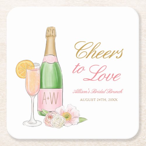 Cheers To Love Bridal Brunch and Bubbly  Square Paper Coaster