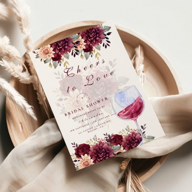 Cheers to Love Burgundy Floral Bridal Shower Invitation (Creator Uploaded)