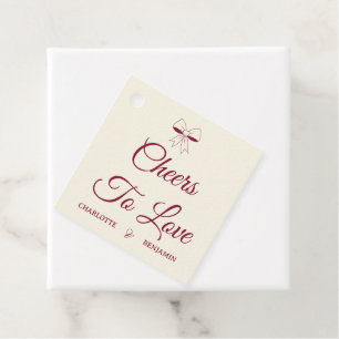 Cheers To Love Burgundy Script Ivory Bow Wedding Favor Tags