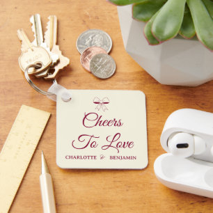 Cheers To Love Burgundy Script Ivory Bow Wedding Keychain