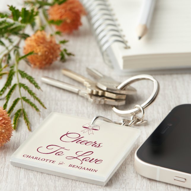 Cheers To Love Burgundy Script Ivory Bow Wedding Keychain (Front Right)