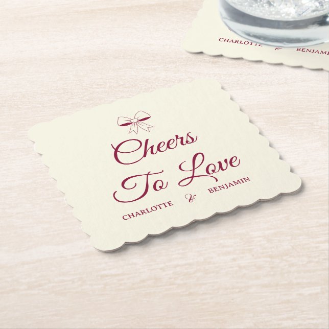 Cheers To Love Burgundy Script Ivory Bow Wedding Paper Coaster (Angled)
