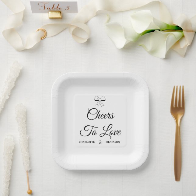Cheers To Love Burgundy Script Ivory Bow Wedding Paper Plates (Wedding)