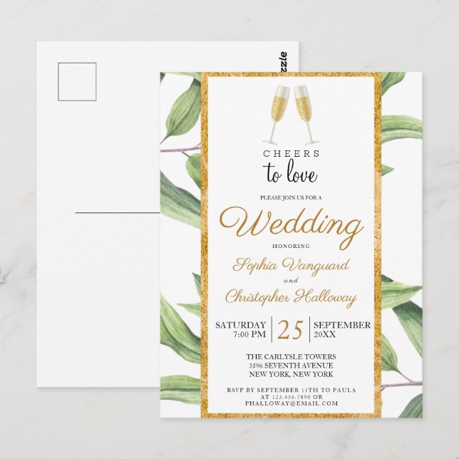 Cheers to Love Champagne Botanical Wedding Invite (Front/Back)
