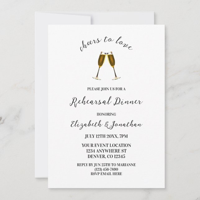 Cheers To Love Champagne Glasses Rehearsal Dinner Invitation (Front)
