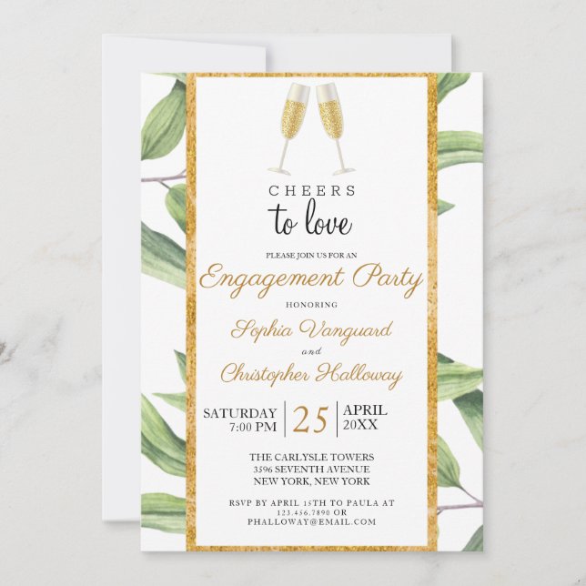 Cheers to Love Champagne Greenery Engagement Party Invitation (Front)