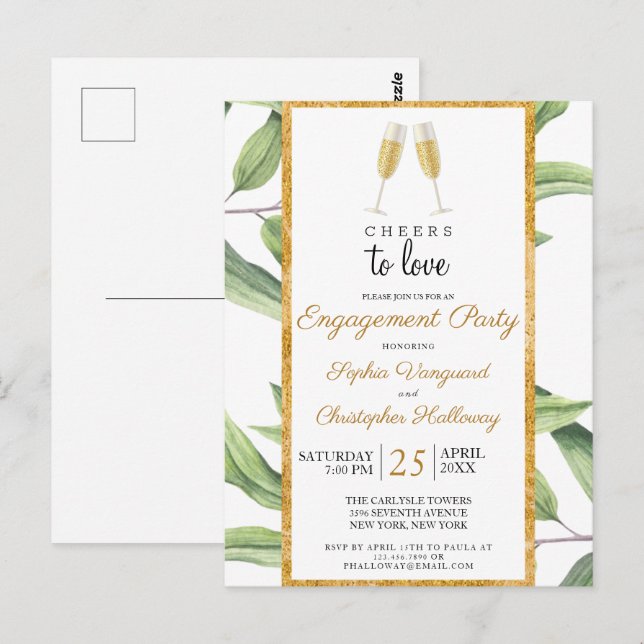 Cheers to Love Champagne Greenery Engagement Party Postcard (Front/Back)