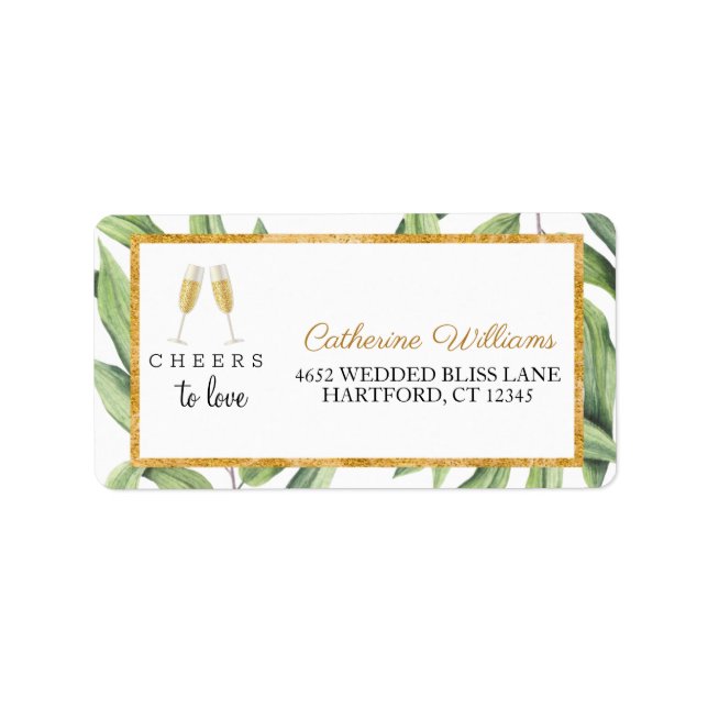 Cheers to Love Chic Champagne Botanical Wedding Label (Front)