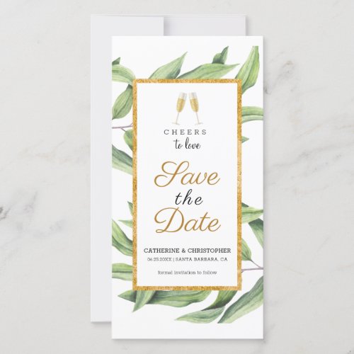 Cheers to Love Chic Champagne Botanical Wedding Save The Date