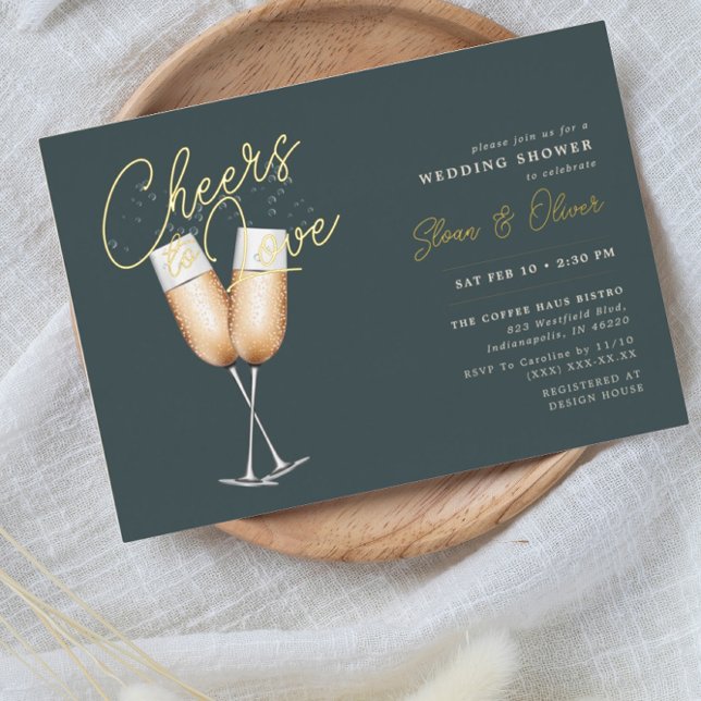 Cheers to Love Dark Green Bridal Shower Gold  Foil Invitation (Creator Uploaded)