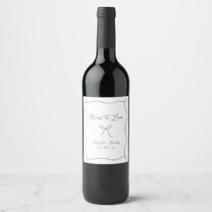 Cheers to Love Doodle Bow Dusty Blue Wine Label