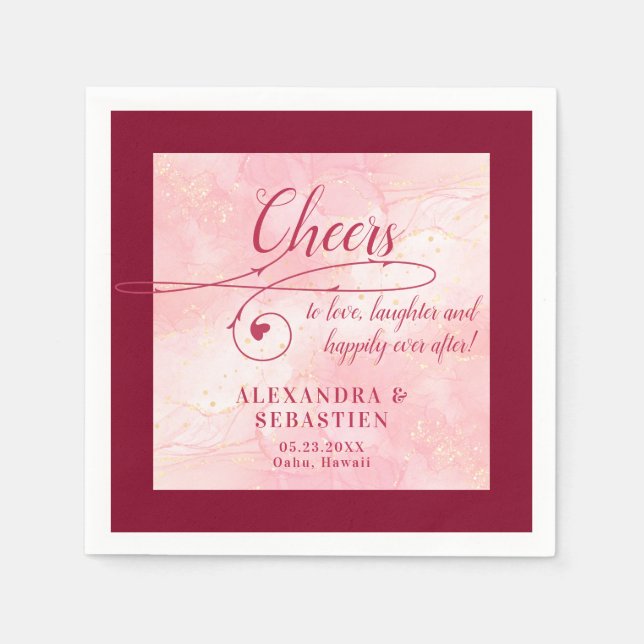 Cheers to Love Elegant Script Burgundy Wedding Napkins (Front)