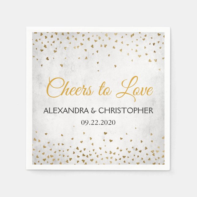 Cheers to Love Gold Hearts Confetti Wedding Napkins (Front)