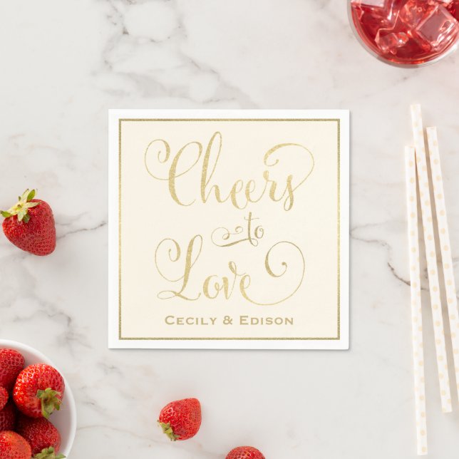 Cheers to Love Gold Ivory Wedding Monogram Paper Napkins (Insitu)