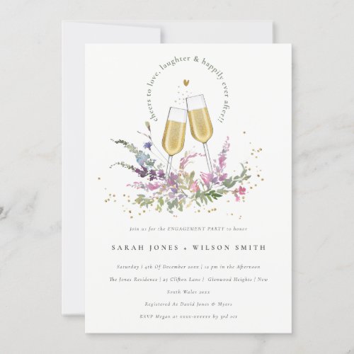 Cheers to Love Gold Wine Glasses Floral Engagement Invitation