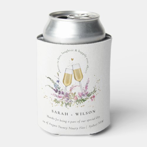 Cheers to Love Gold Wine Glasses Floral Wedding Can Cooler