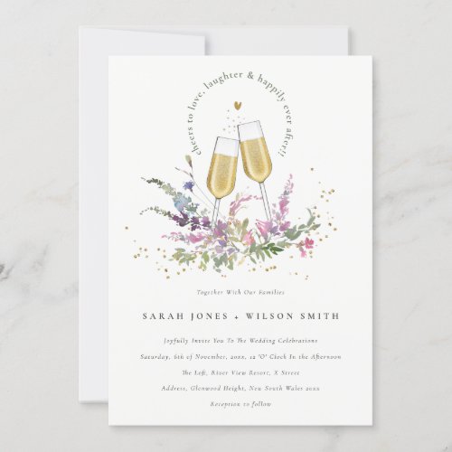 Cheers to Love Gold Wine Glasses Floral Wedding Invitation
