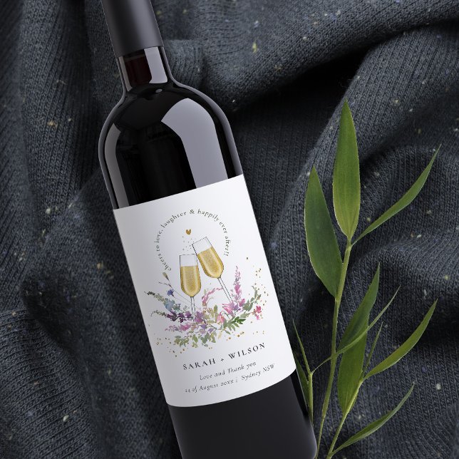 Cheers to Love Gold Wine Glasses Floral Wedding Label (Creator Uploaded)