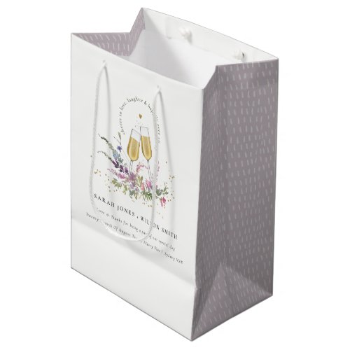 Cheers to Love Gold Wine Glasses Floral Wedding Medium Gift Bag