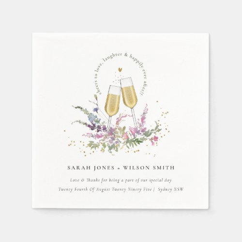 Cheers to Love Gold Wine Glasses Floral Wedding Napkins
