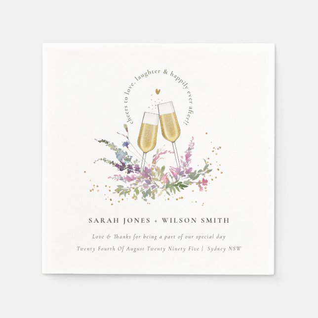 Cheers to Love Gold Wine Glasses Floral Wedding Napkins (Front)
